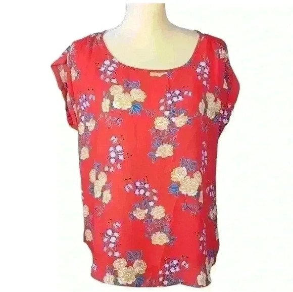 Pink Rose Tops - Pink Rose Floral Short Sleeve Blouse  Crew Neck